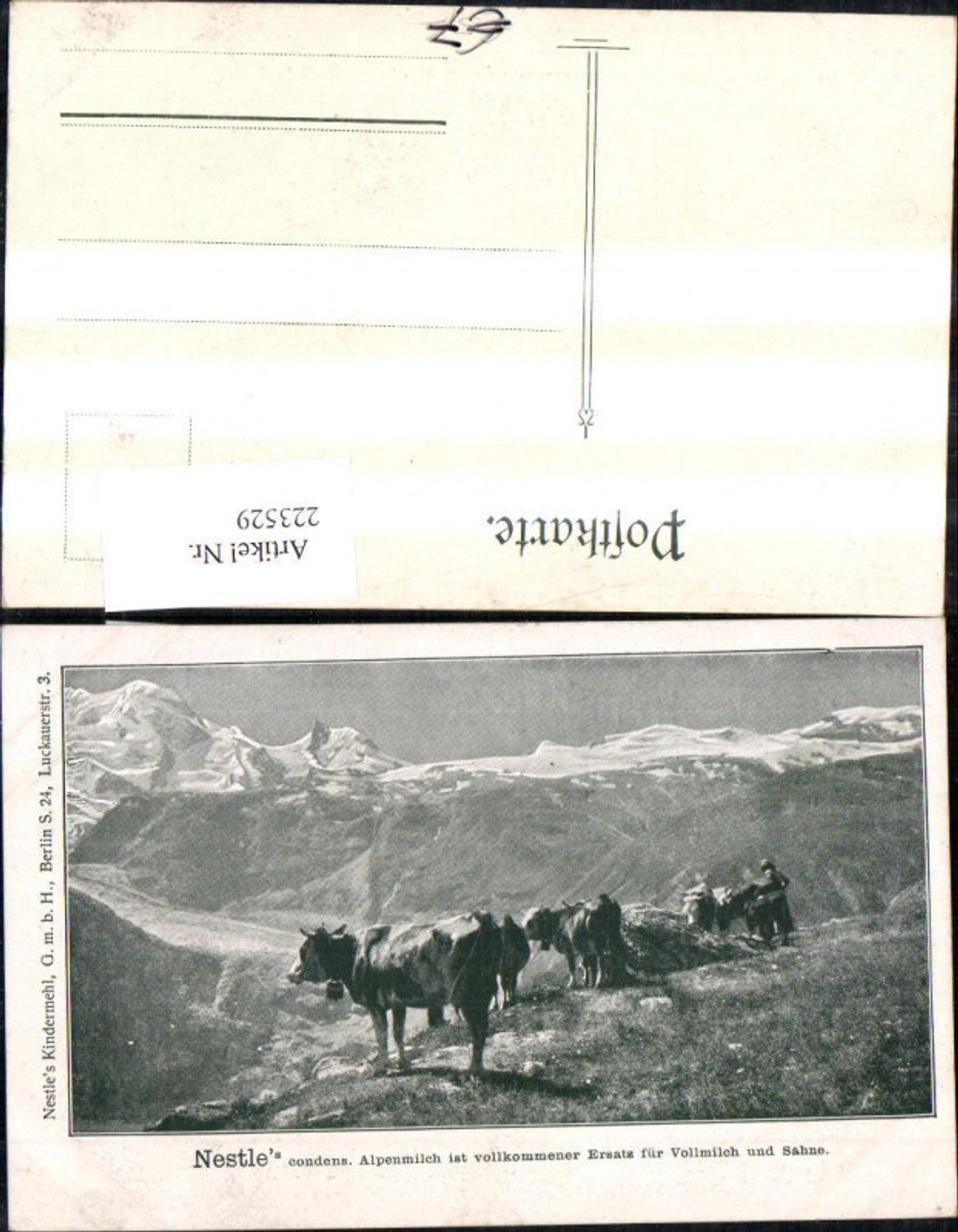 223529,Reklame Ak Nestle condens. Alpenmilch i. vollkommener Ersatz f. Vollmilch u. Sahne Kühe v. Bergkulisse