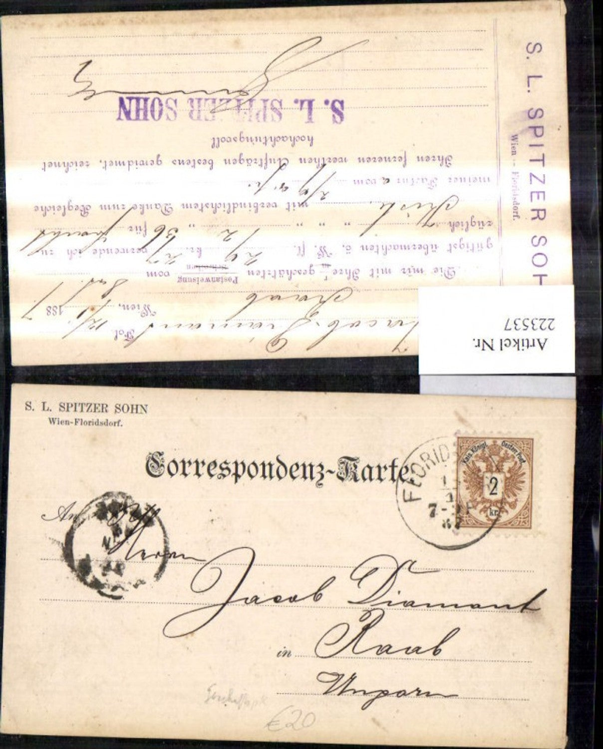 223537,Reklame Geschäftspostkarte S. L. Spitzer Sohn Wien Floridsdorf n. Raab Ungarn