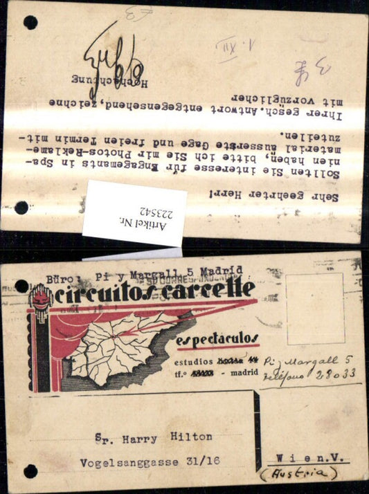 223542,Reklame Beleg Circuito s carcelle espectaculo Madrid n. Harry Hilton Wien