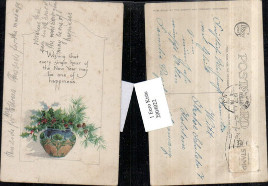 2004022,Neujahr Vase m. Fichtenzweige Zapfen Stechpalme Text Spruch