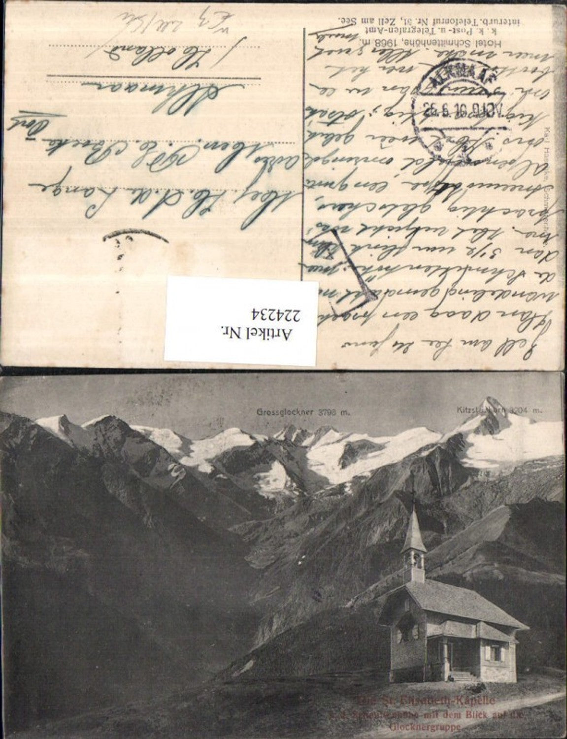 224234,Die St. Elisabeth-Kapelle a. d. Schmittenhöhe m. d. Blick auf d. Glocknergruppe b. Zell a. See