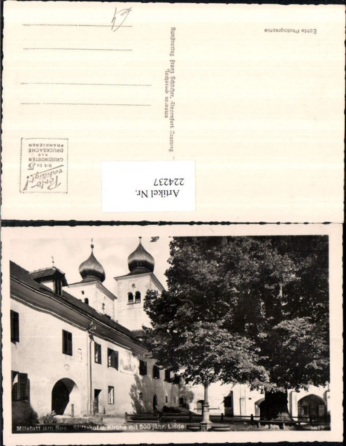 224237,Millstatt a. See Stiftshof Stift u. Kirche m. 500 jähriger Linde pub Franz Schilcher 1842