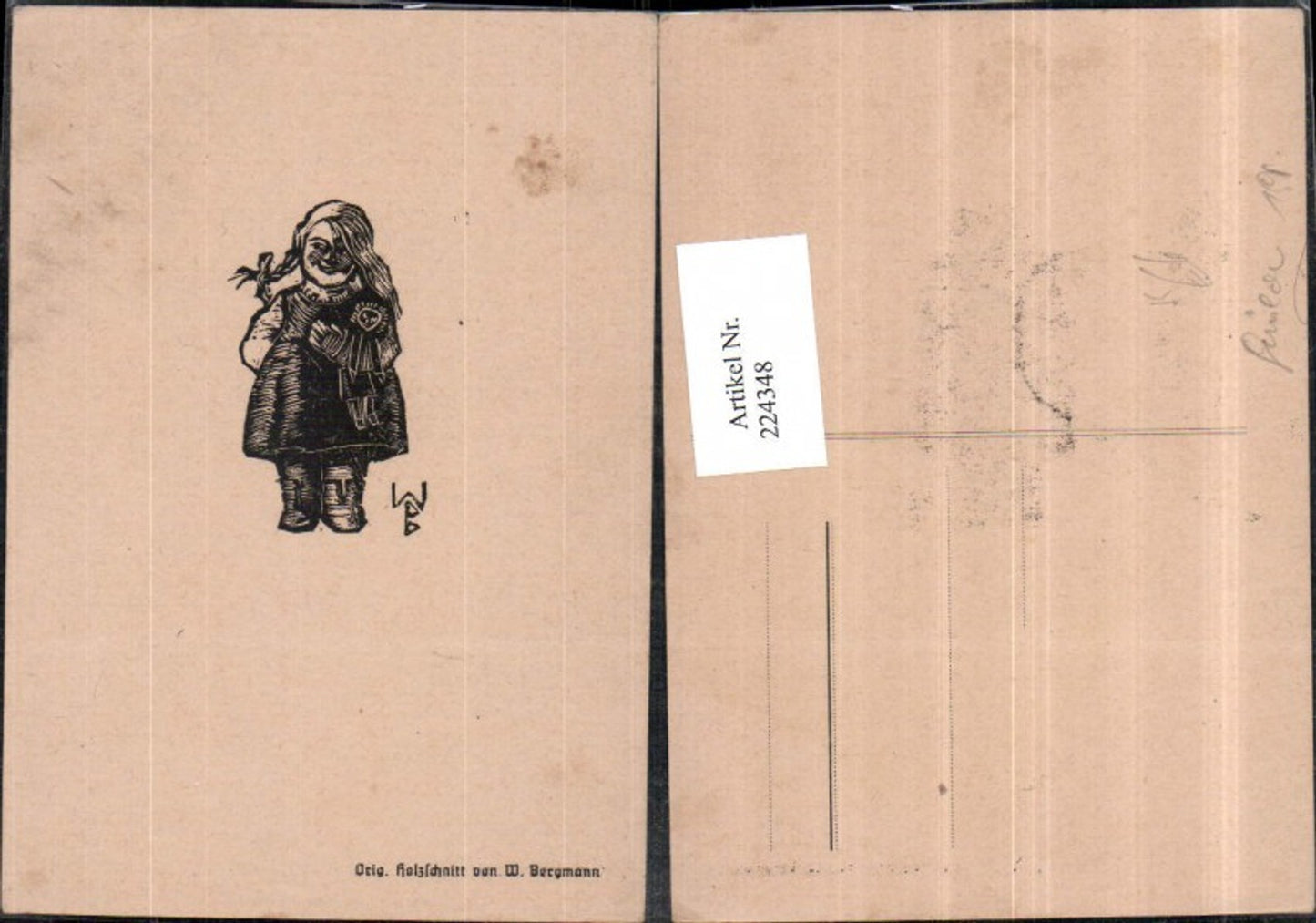 224348,Künstler AK W. Bergmann Holzschnitt Mädchen m. Puppe