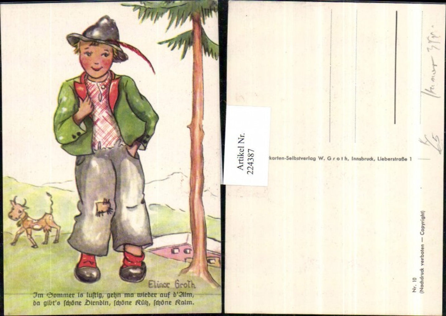 224387,Künstler AK Elinor Groth Junge m. Hut Feder Kuh Text Spruch