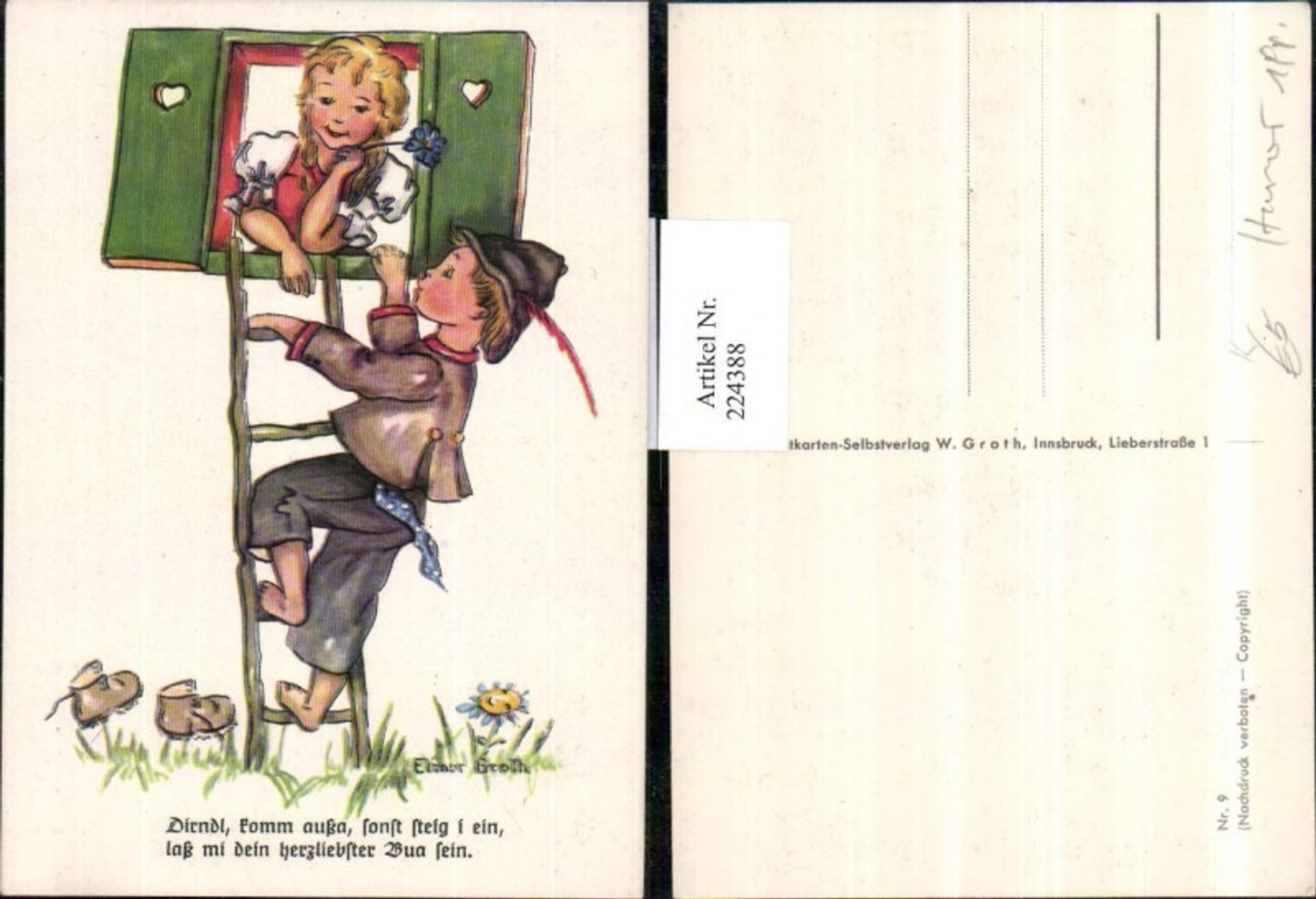 224388,Künstler AK Elinor Groth Kinder Junge m. Hut Mädchen Fenster Text Spruch