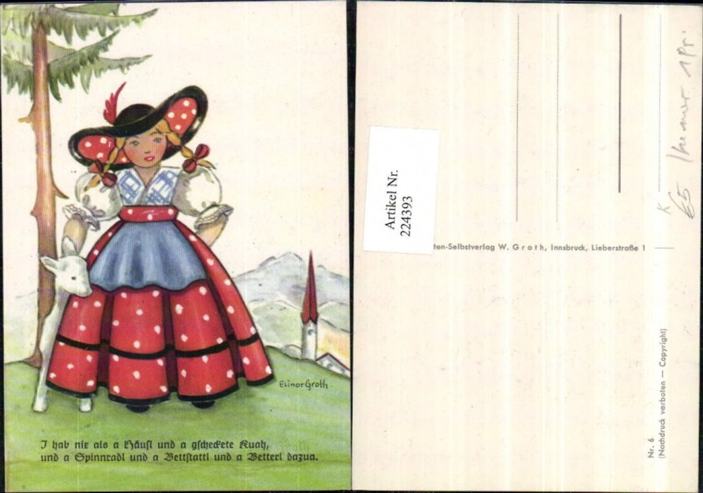 224393,Künstler AK Elinor Groth Mädchen m. Hut Tracht Kleid Schaft Text Spruch