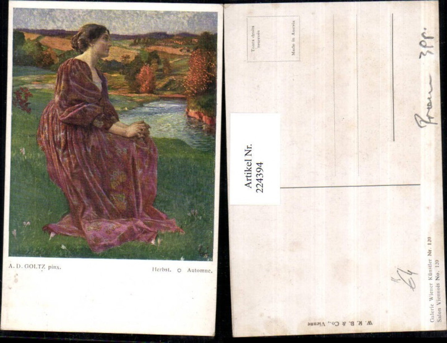 224394,Künstler AK A. D. Goltz Herbst Frau m. Kleid Landschaft