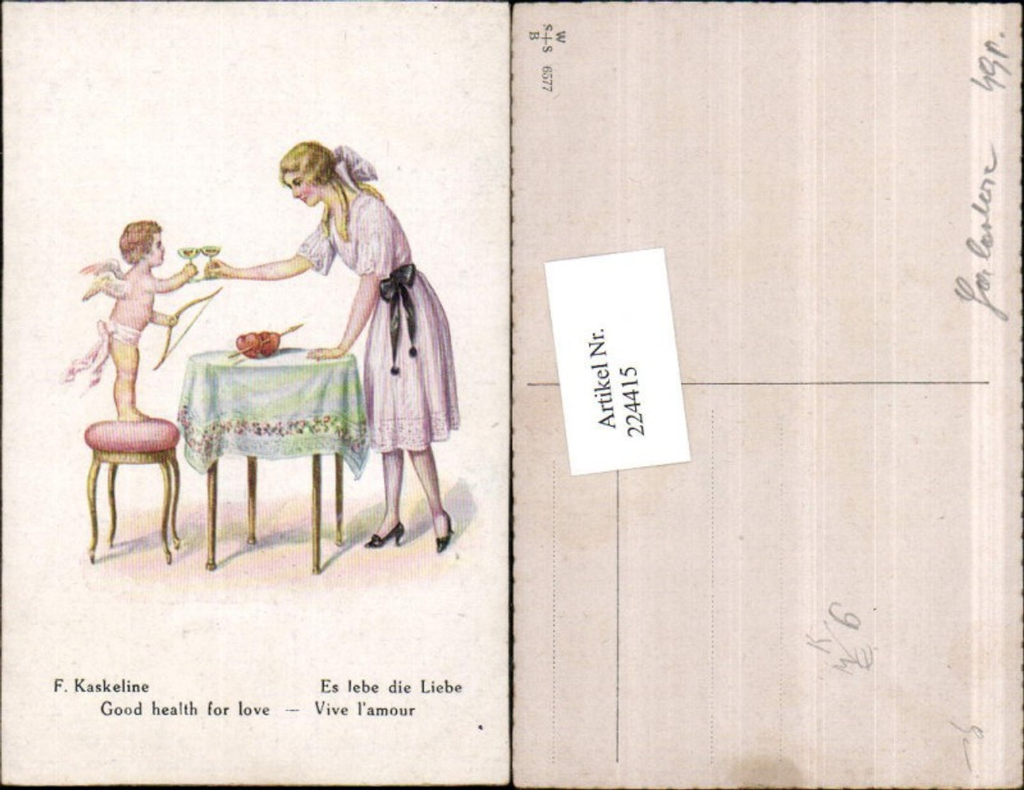 224415, Artist AK F. Kaskeline Long live love Cupid Angel Dress Hearts Table Wine