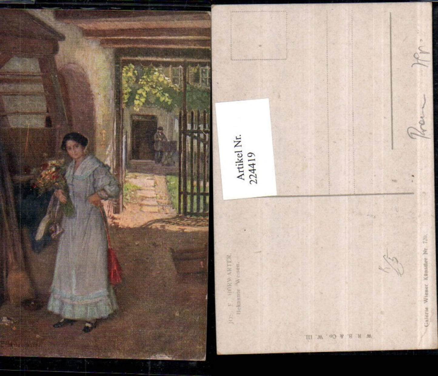 224419,Künstler AK Jos. E. Hörwarter Bekannte Weisen Frau m. Kleid Tasche Blumenstrauß