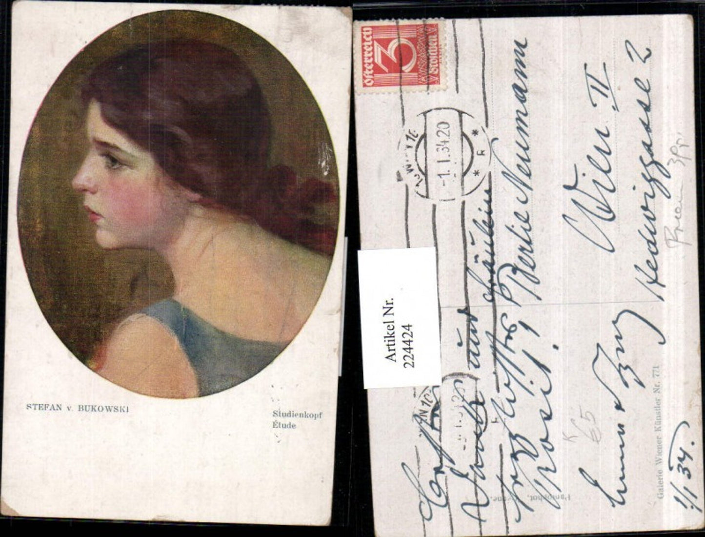 224424,Künstler AK Stefan v. Bukowski Studienkopf Mädchen Portrait