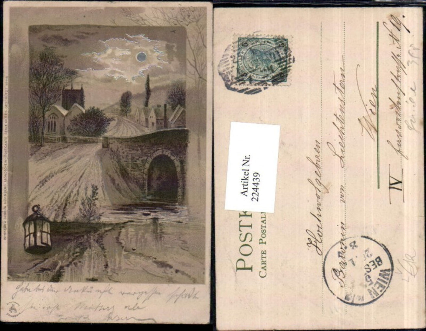224439,Künstler Litho AK Landschaft Brücke Mondschein Laterne pub Winkler & Schorn 7/99115