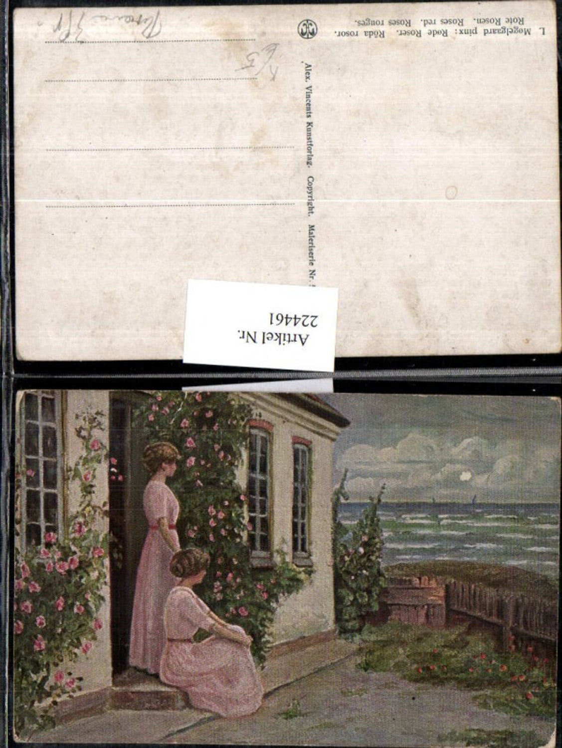 224461,Künstler AK L. Mogelgaard Rote Rosen Frauen m. Kleider Rosen