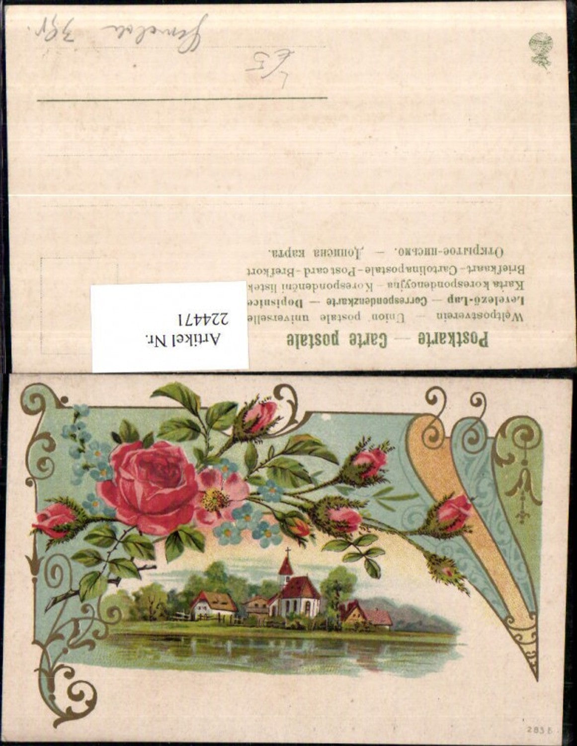 224471,Künstler Litho AK Landschaft Dorf Kirche Blumen Rosen Vergissmeinnicht