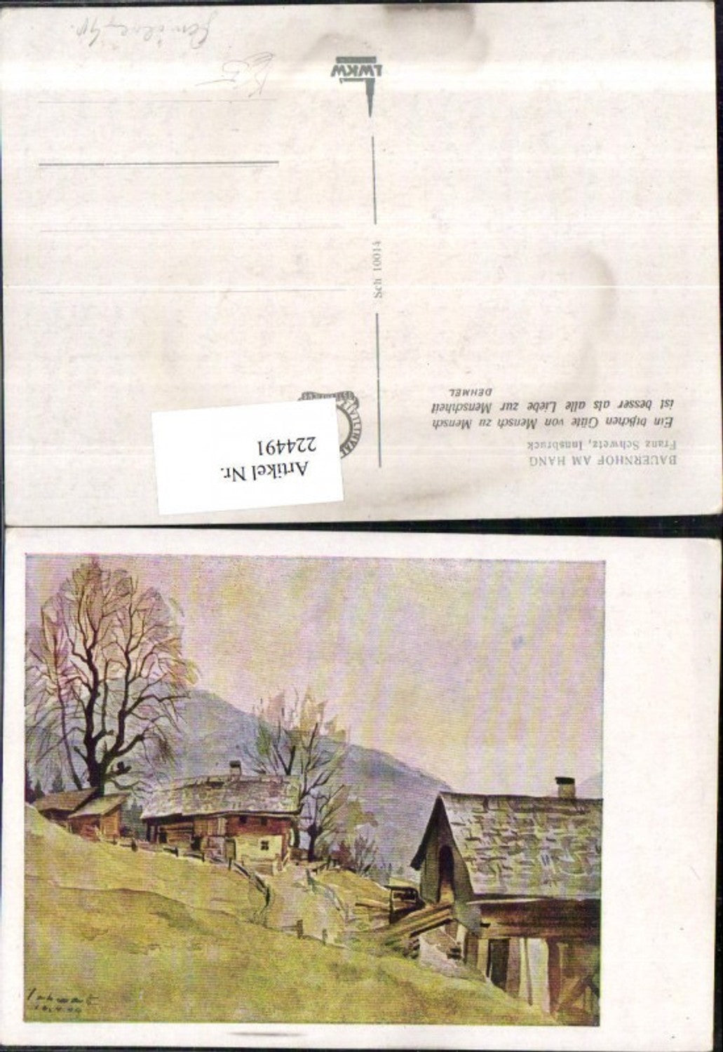 224491,Künstler AK Franz Schwetz Innsbruck Bauernhof am Hang Berghütten
