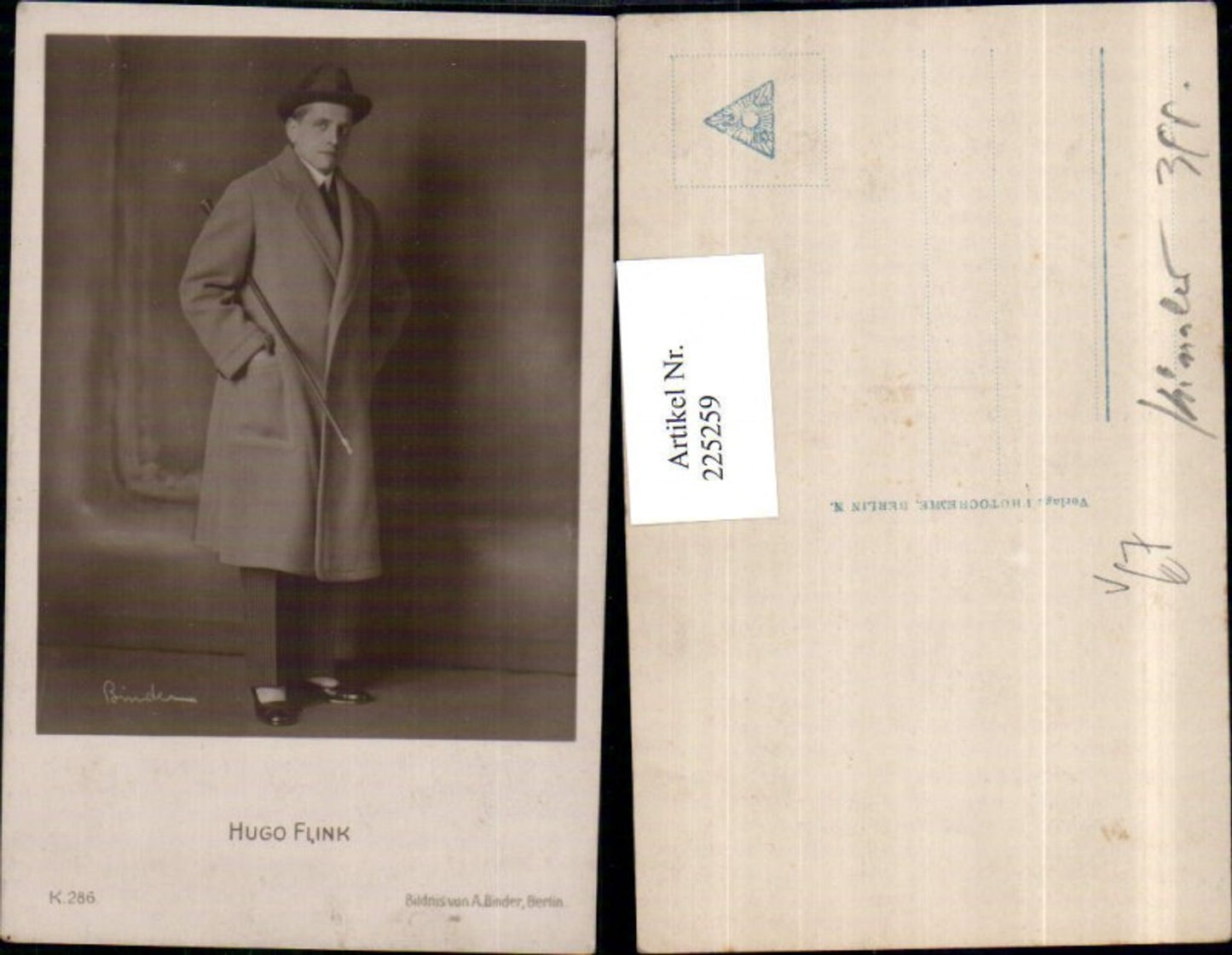 225259,Schauspieler Hugo Flink m. Hut Mantel Stock pub Photochemie Berlin 286