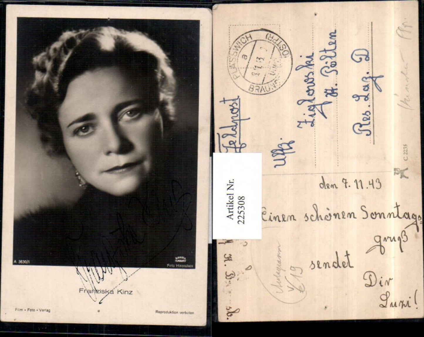 225308,Schauspielerin Franziska Kinz Portrait m. Autogramm pub Foto Haenchen A 3630/1