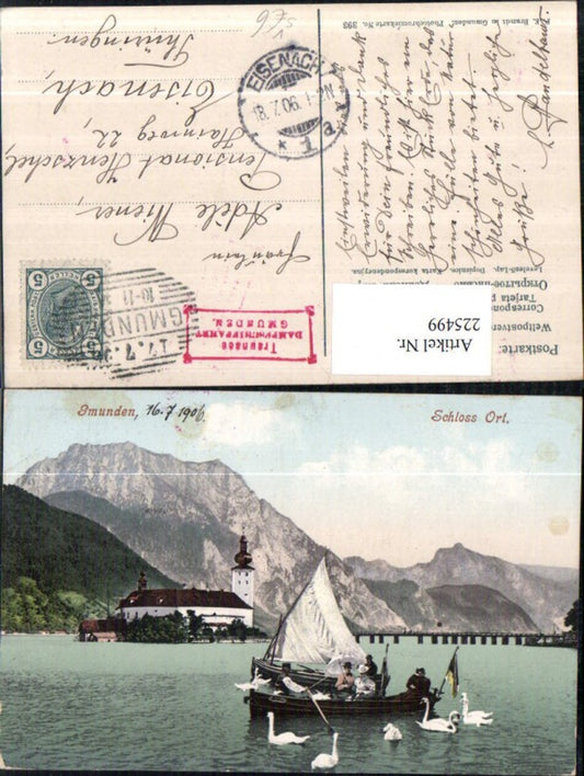 225499,Gmunden Schloss Orth Segelboot Ruderboot Schwäne pub F. E. Brandt 393 Traunsee Dampfschifffahrt Gmunden Stempel