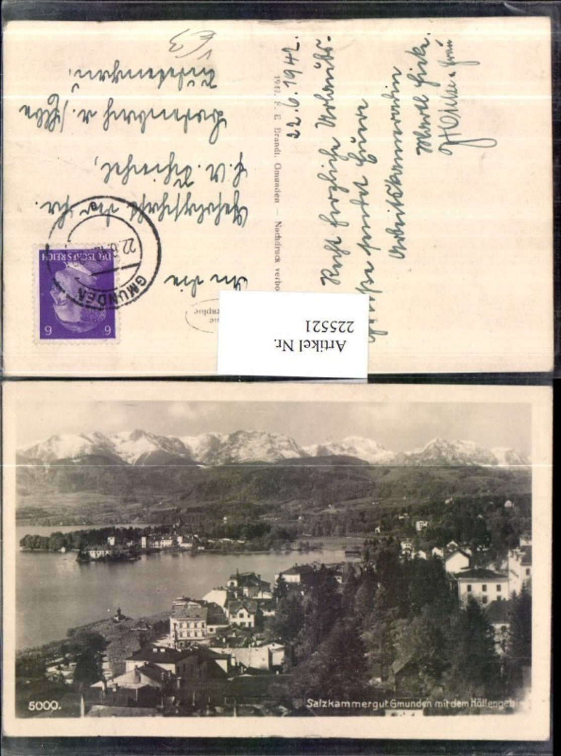 225521,Salzkammergut Gmunden m. d. Höllengebirge Teilansicht pub F. E. Brandt 5000