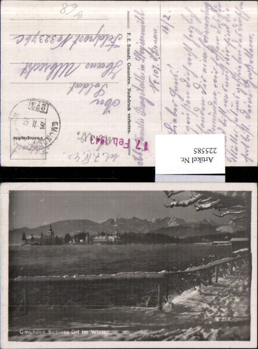 225585,Gmunden Schloss Orth im Winter Partie pub F. E. Brandt Bahnpost Zug 273