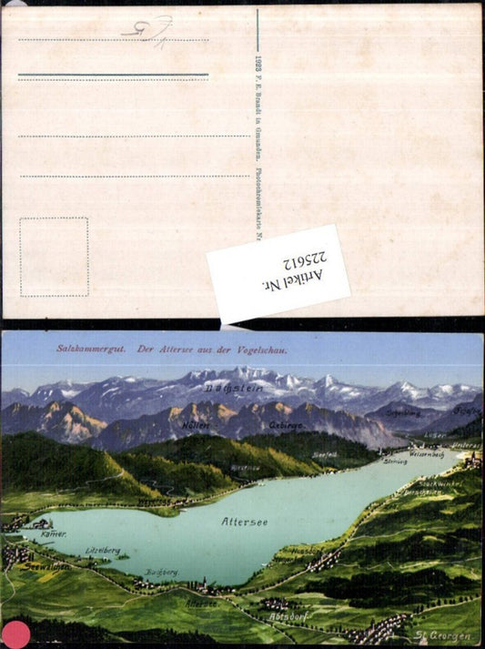 225612,Attersee aus d. Vogelschau Seewalchen Abtsdorf Nussdorf Unterach St. Georgen Dachstein pub F. E. Brandt 1300