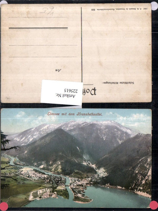 225615,Ebensee Totale m. d. Kranabethsattel Bergkulisse pub F. E. Brandt 860