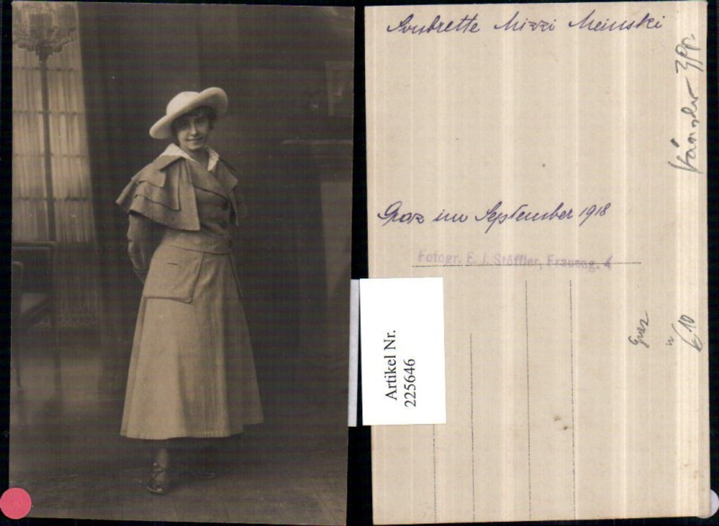 225646,Schauspielerin Mizzi Meinski m. Hut Mantel Graz Theater 1918