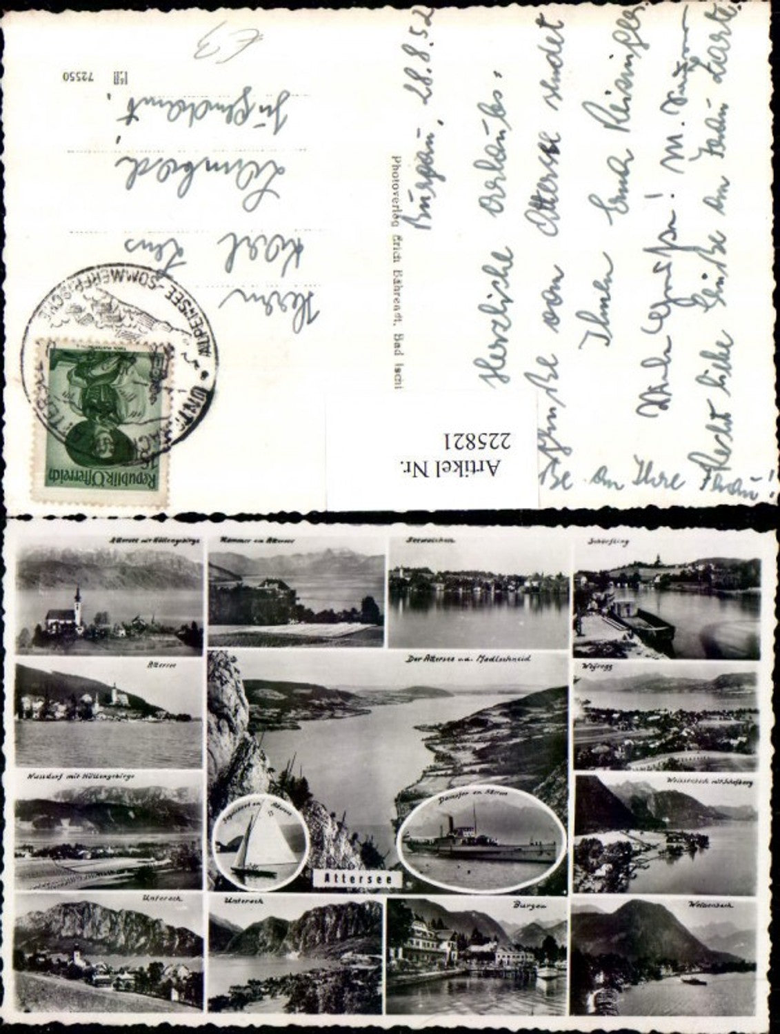 225821,Attersee Totale Segelboot Dampfer Burgau Unterach Nussdorf Weyregg Kammer Seewalchen Mehrbildkarte