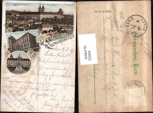 225854,Litho AK Gruß au Kremsmünster Teilansicht Stift Prälatenhof Sternwarate u. Obergymnasium Mehrbildkarte