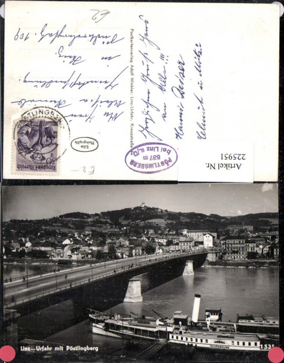 225951,Linz Urfahr Teilansicht m. Pöstlingberg Dampfer Schönbrunn Brücke
