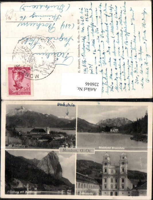 226046,Mondsee Totale m. Schafberg Waldhotel Kreuzstein Stiftskirche Plomberg m. Drachenwand pub F. E. Brandt 4/16