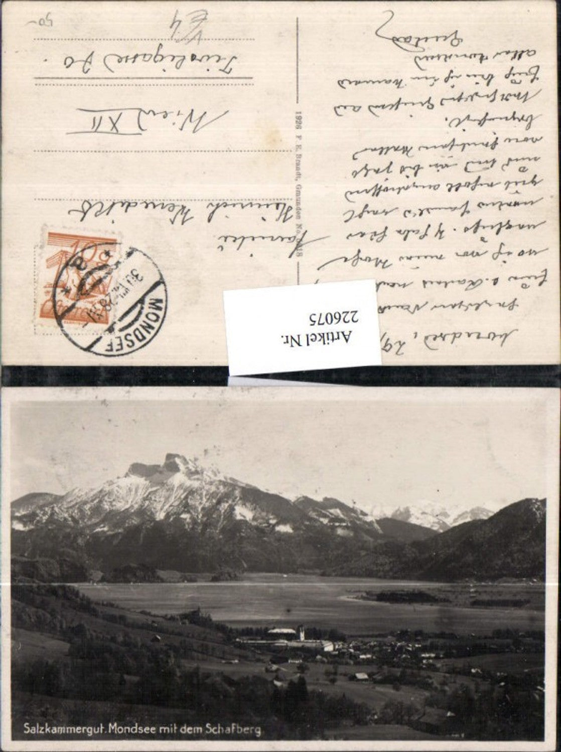 226075,Salzkammergut Mondsee Totale m. d. Schafberg pub F. E. Brandt 6218