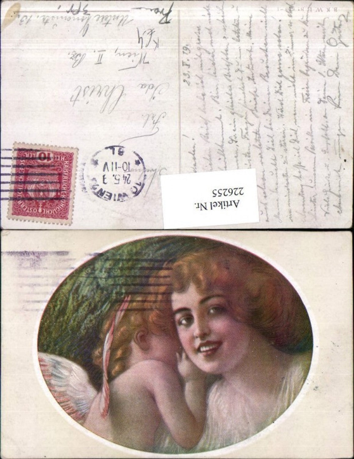 226255,Künstler AK Frau Portrait m. Engel