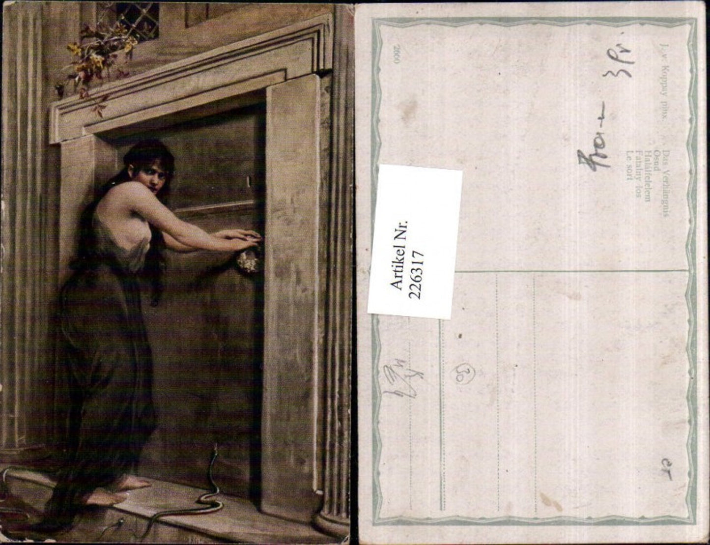 226317,Künstler AK J. v. Koppay Das Verhängnis Frau m. Kleid Schlangen Tor Portal