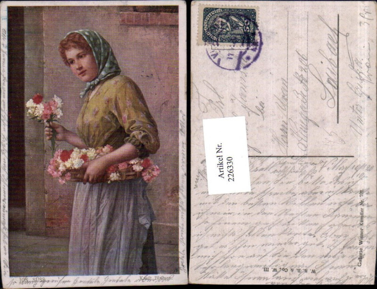 226330,Künstler AK Josef Süss Kauft Blumen Frau m. Kopftuch Korb Blumen Nelken