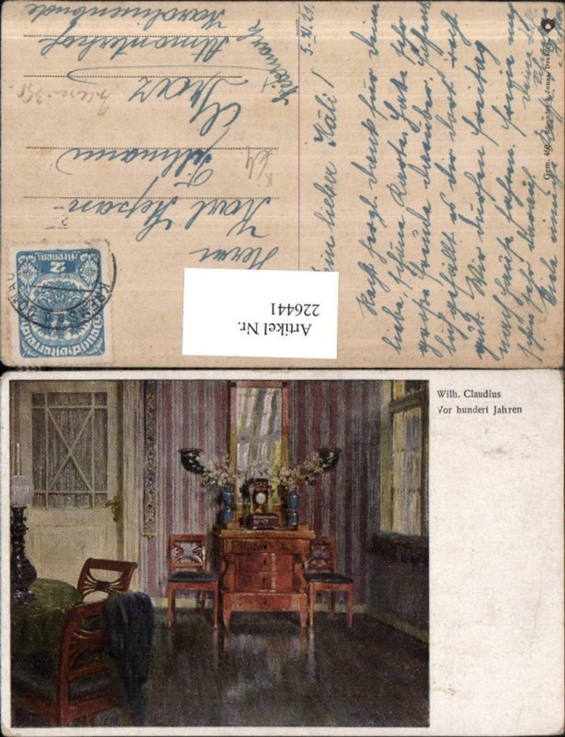 226441,Künstler AK Wilh. Claudius vor hundert Jahren Zimmer Interieur Kommode Sessel Spiegel