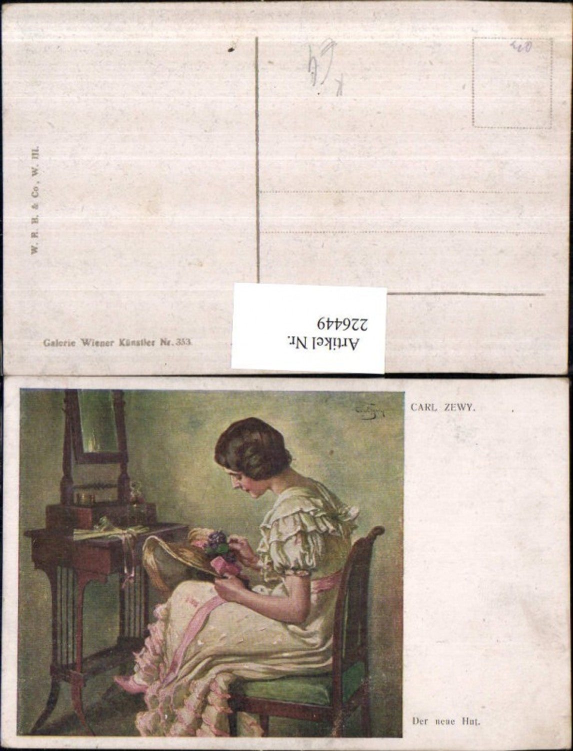 226449,Künstler AK Carl Zewy Der neue Hut Frau m. Kleid Hut Hutmode Sessel Spiegel