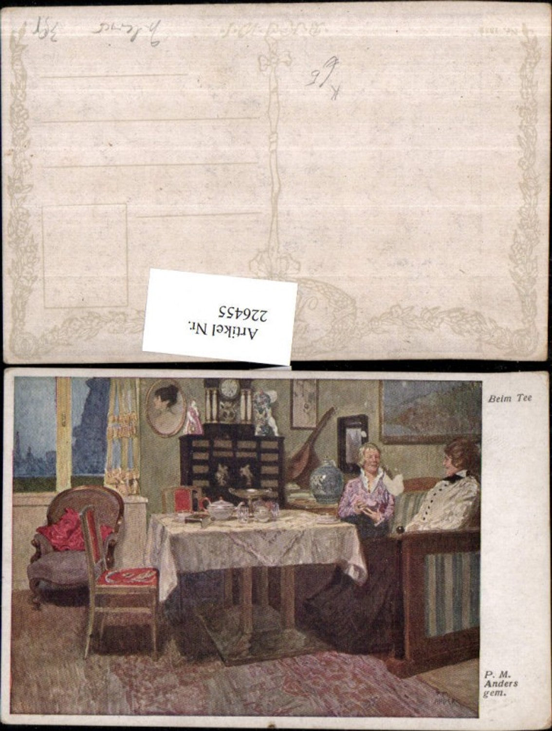 226455,Künstler AK P. M. Anders Beim Tee Interieur Tisch Sessel Mandoline