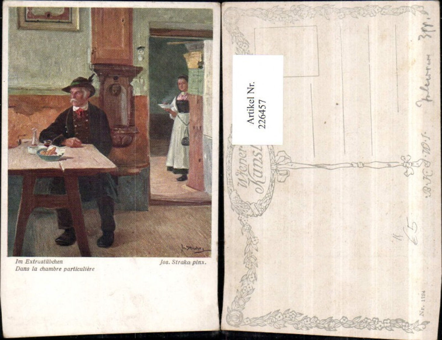 226457,Künstler AK Josef Straka Im Extrastübchen Mann m. Hut Tisch Frau m. Teller