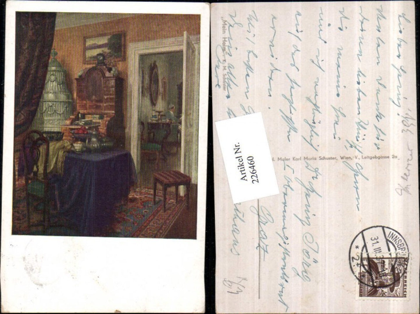 226460,Künstler AK K. M. Schuster Mein Heim Interieur Tisch Tür Kommode