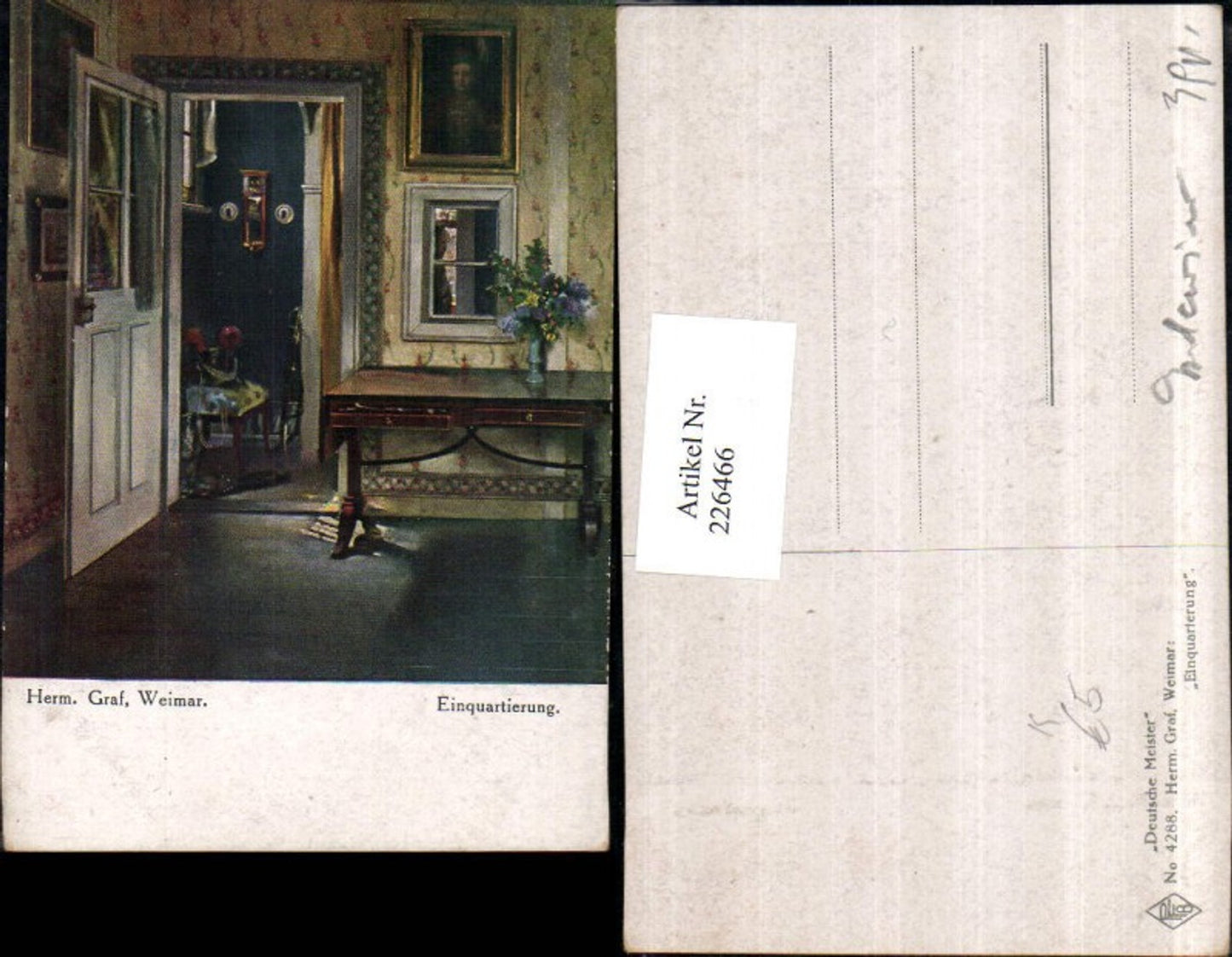 226466,Künstler AK Hermann Graf Weimar Einquartierung Interieur Tür Tisch Bilder