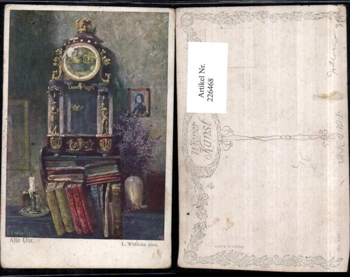 226468,Künstler AK L. Widlizka alte Uhr Pendeluhr Bücher Kerze