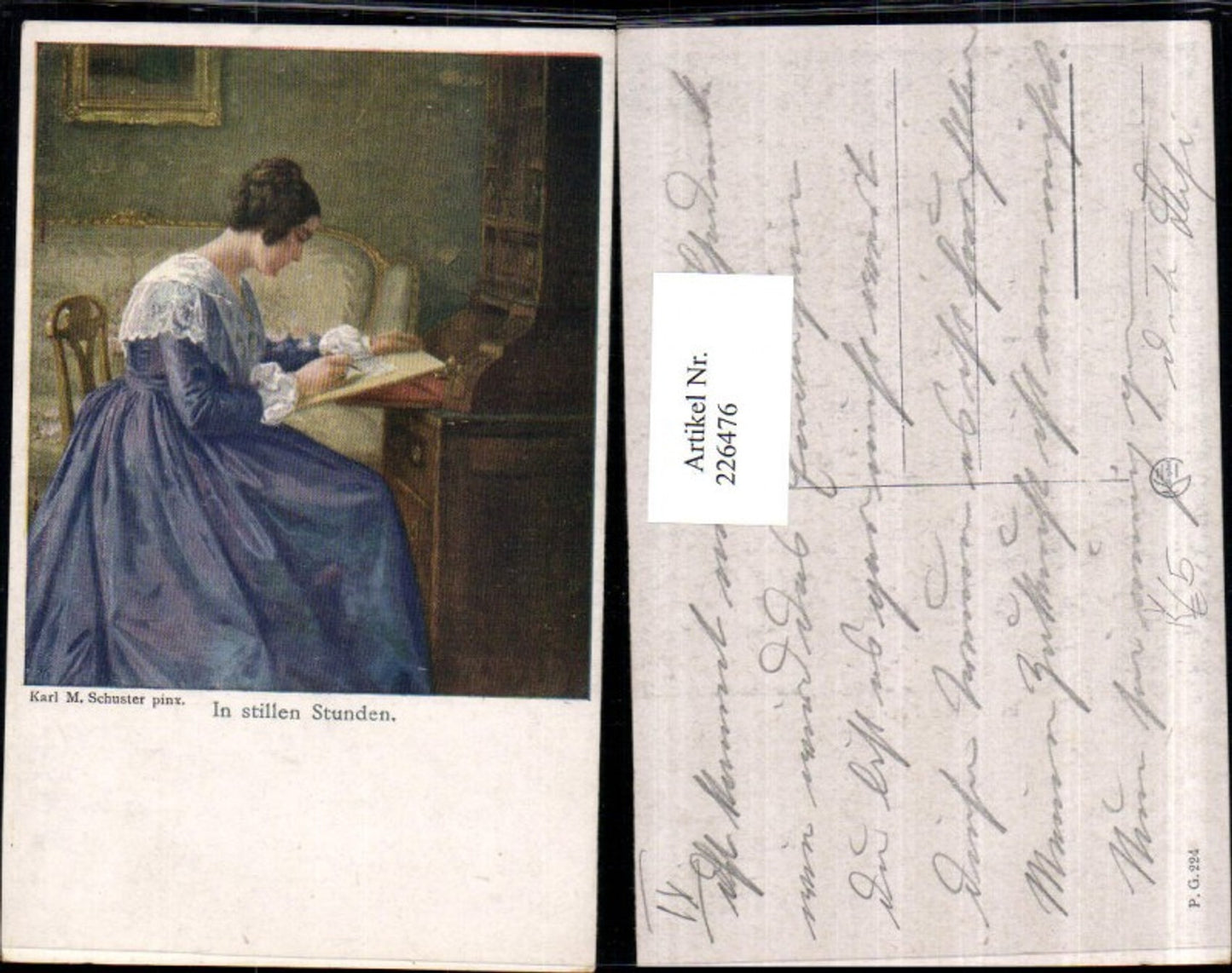 226476,Künstler AK Karl M. Schuster In stillen Stunden Frau m. Kleid b. Malen Kommode pub Kilophot