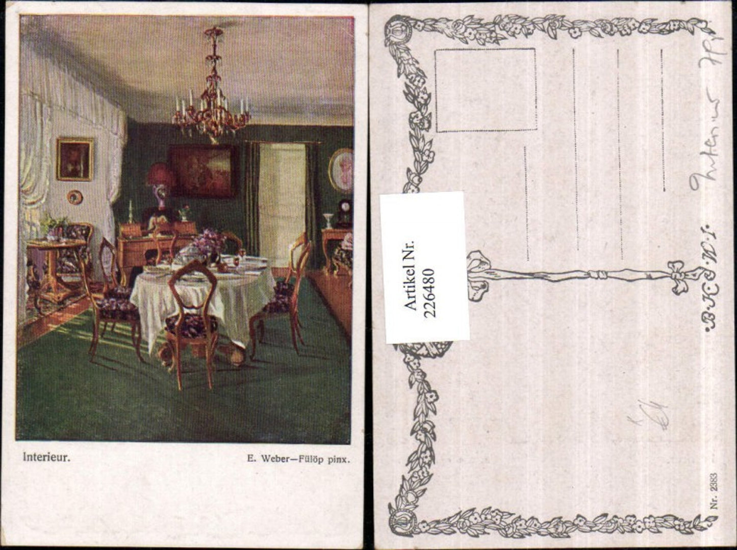 226480,Künstler AK E. Weber-Fülöp Interieur Tisch Sessel Kronleuchter