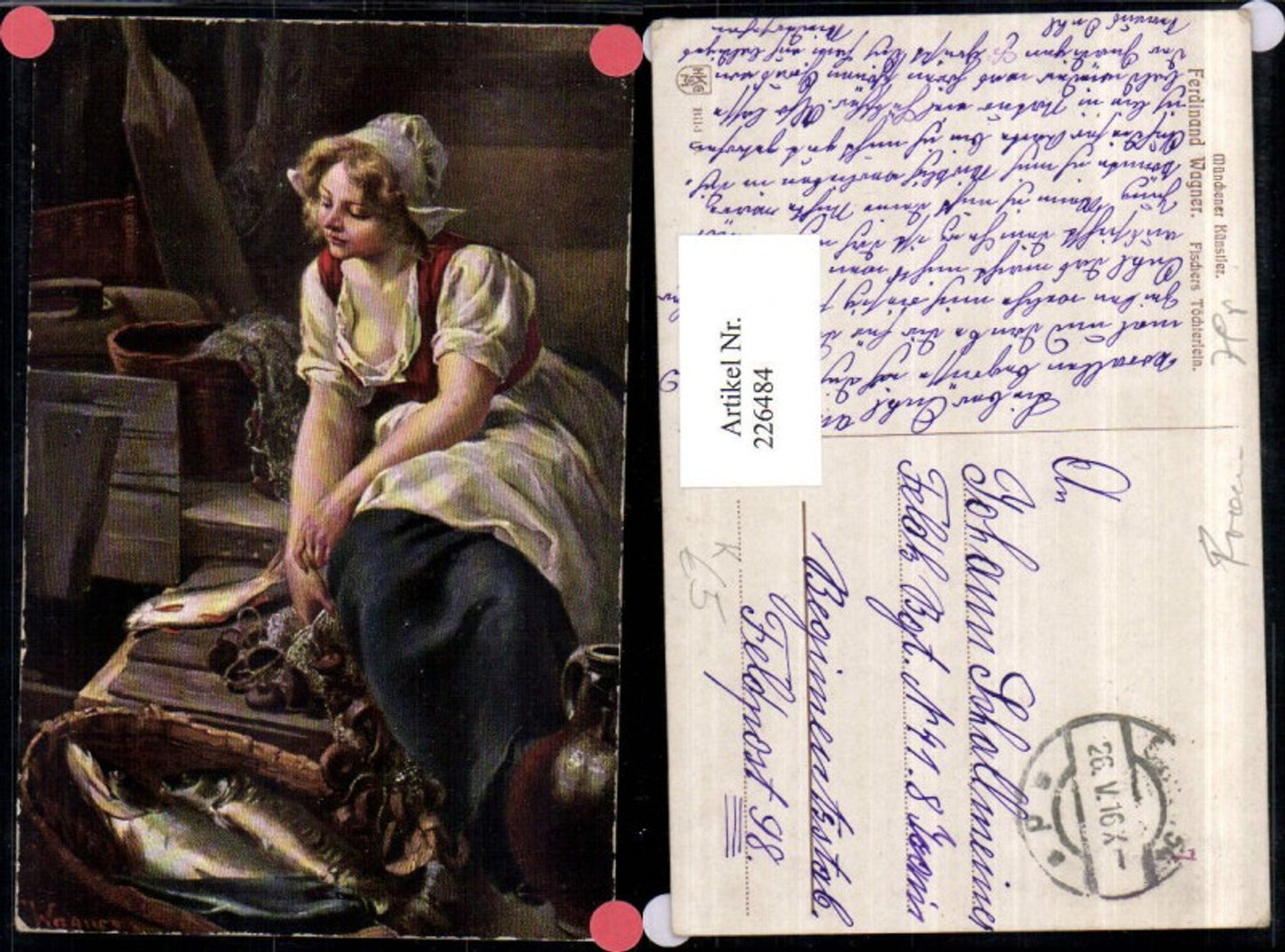 226484,Künstler AK Ferdinand Wagner Fischers Töchterlein Frau i. Tracht Fische Fischnetz