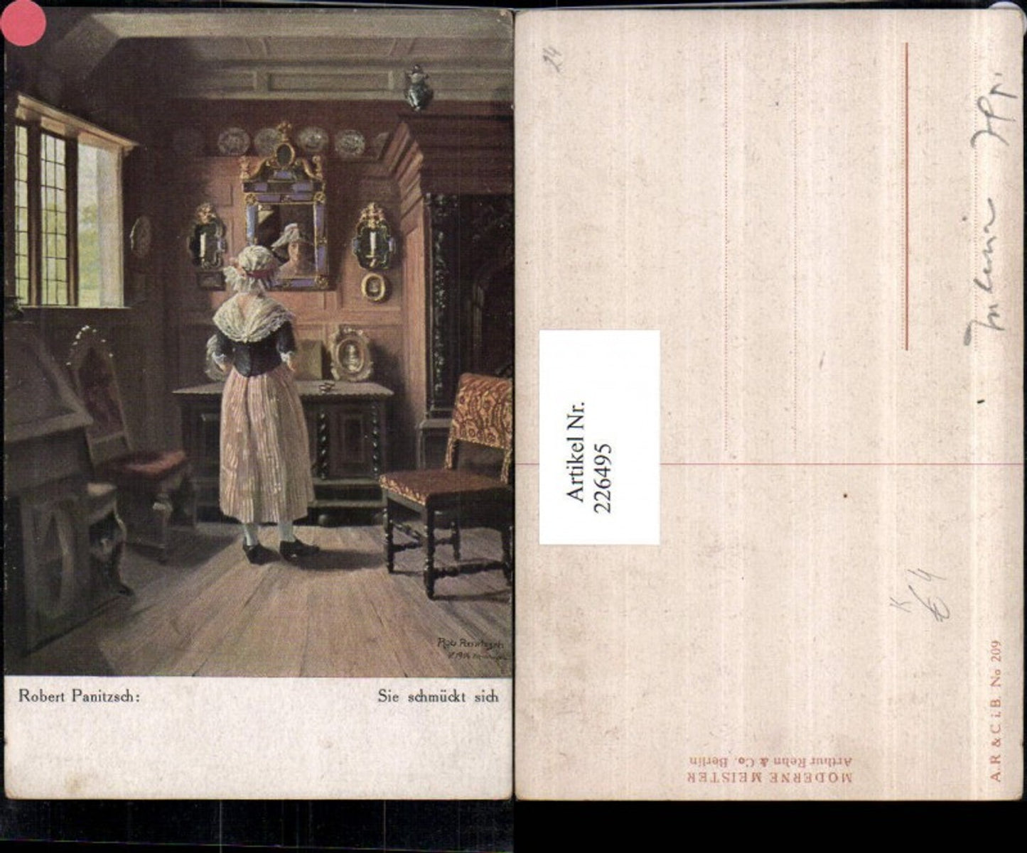226495,Künstler AK Robert Panitzsch Sei schmückt sich Frau m. Kleid Hut Spiegel Kommode Sessel