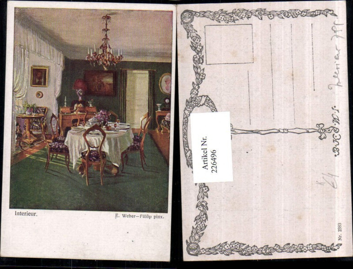 226496,Künstler AK E. Weber-Fülöp Interieur Zimmer gedeckter Tisch Sessel Kronleuchter