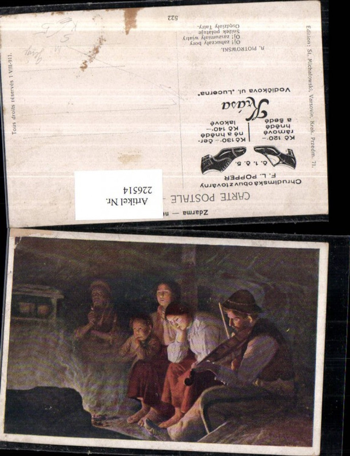 226514,Künstler AK A. Piotrowsky Personen Pfeife Geige Werbung Chrudlmska obuvztovarny F. L. Popper Stempel