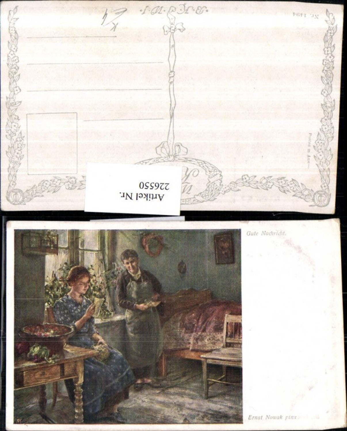 226550, Artist AK Ernst Nowak Good News Woman with Letter Bed Armchair