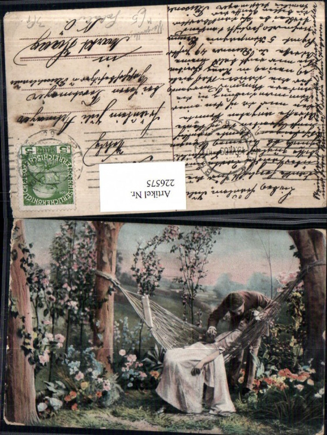 226575,Künstler AK Mann m. Frau Hängematte Blumen
