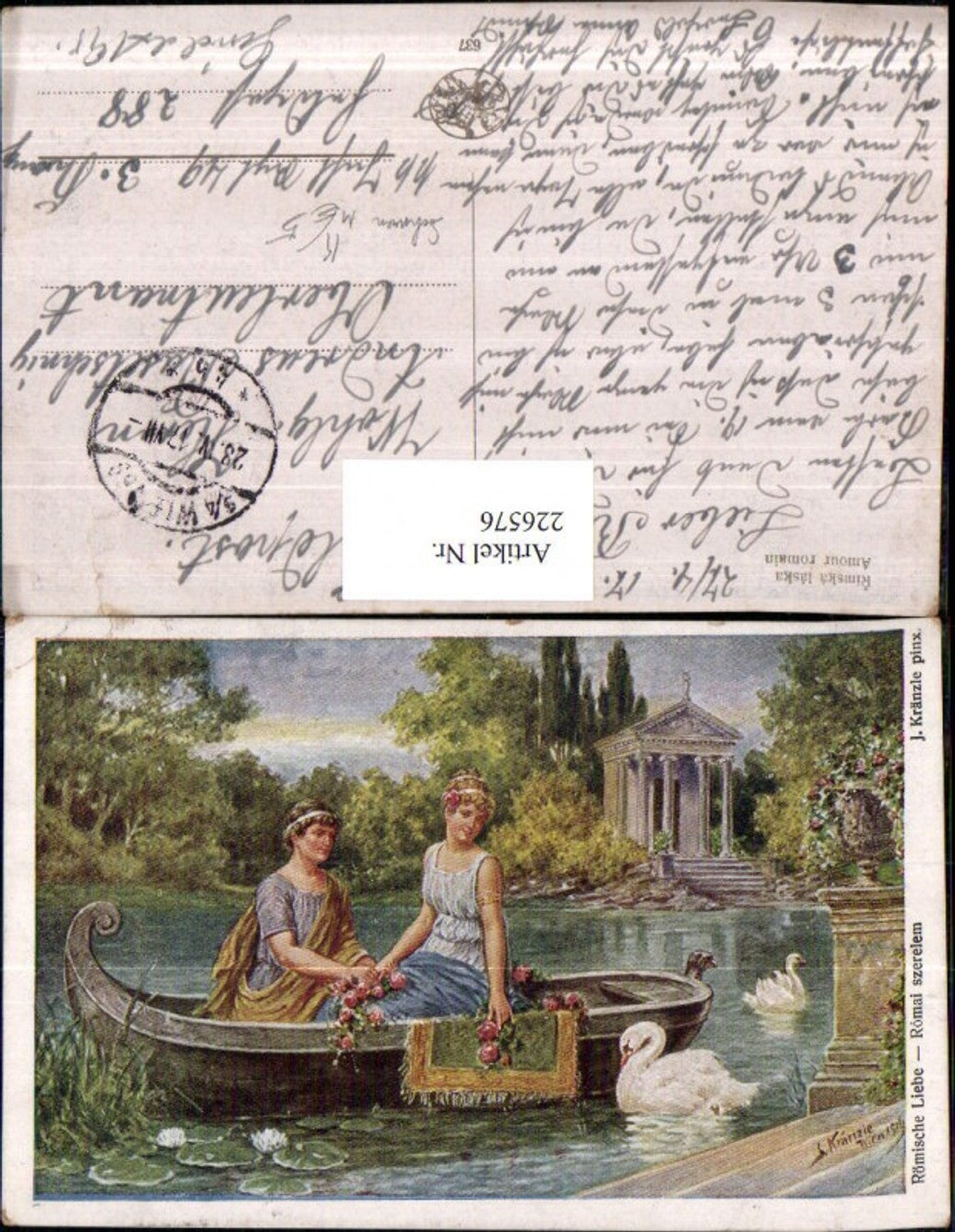 226576,Künstler AK J. Kränzle Römische Liebe Liebespaar Gondel Schwan